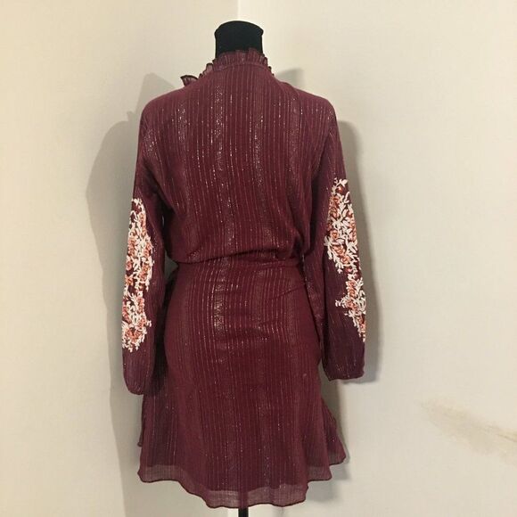 DOLAN Anthropologie Amber Burgundy Metallic Thread Wrap Embroidered Dress Medium - Picture 5 of 9